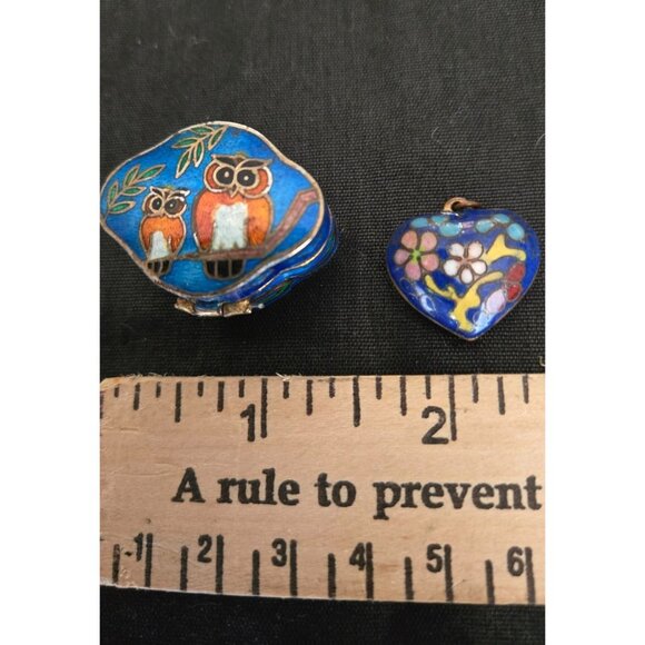 Vintage Cloisonné Enamel Trinket Box With Owl Design Blue & Gold Hinged Lid & He - Picture 7 of 9